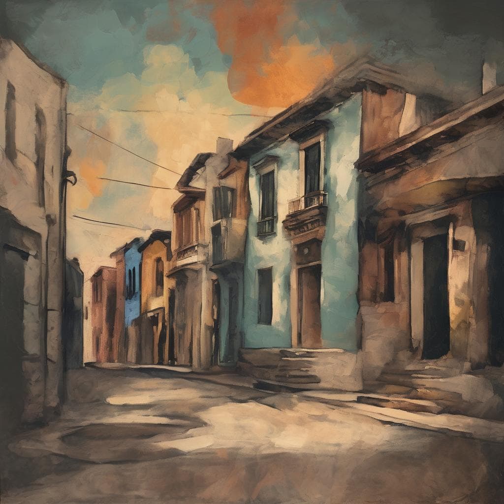 Παράθυρα και αυλές σε παλιά γειτονιά ζωγραφισμένα με εντυπωσιακό καλλιτεχνικό στυλ.