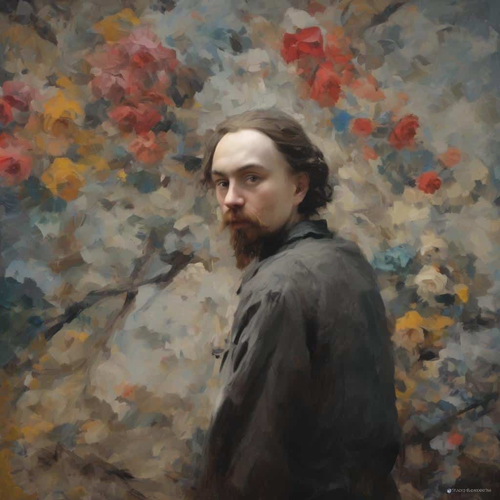 βάθος πεδίου, πορτραίτο άνδρα με φθίνουσες άρωμα και πίνακα με πολύχρωμα λουλούδια, τέχνη που ζωντανεύει τον χρόνο.