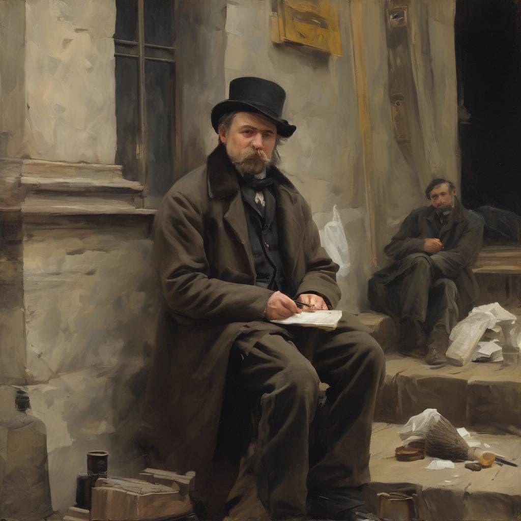 Καλλιτεχνική αναπαράσταση για τη ζωή του 19ου αιώνα, με ανθρώπους σε καθημερινές στιγμές, εστιάζοντας στη διαχρονική τέχνη και το χρόνο.