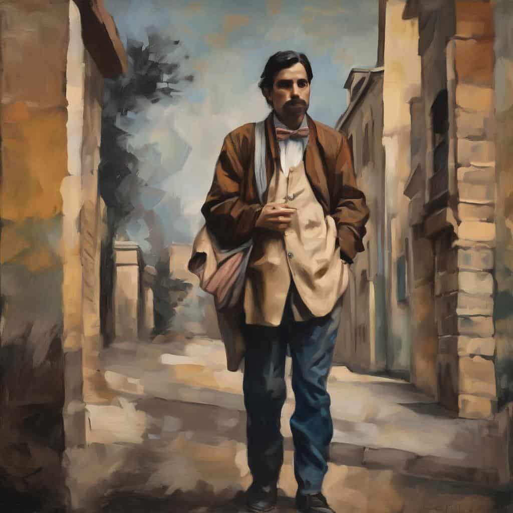 Ανδρας σε εικόνα με ρεαλιστική ζωγραφιά που ζωντανεύει τον χρόνο, ντυμένος ιστορικά, περπατά σε παλαιό αστικό περιβάλλον.