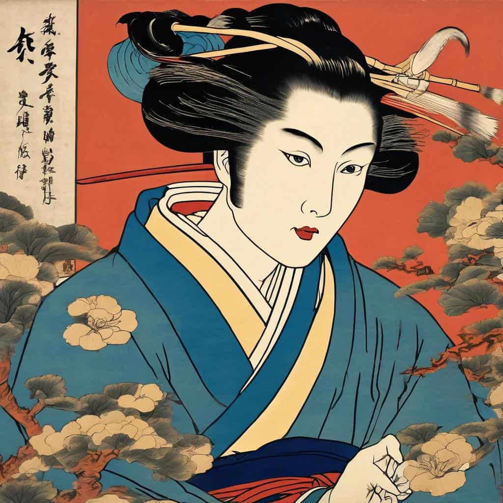 Στυλ γελοιογραφίας γεμάτο άρωμα ιαπωνικής τέχνης, μοτίβα και παραδοσιακές φορεσιές, αναπαράσταση μορφής που ζωντανεύει τον χρόνο.