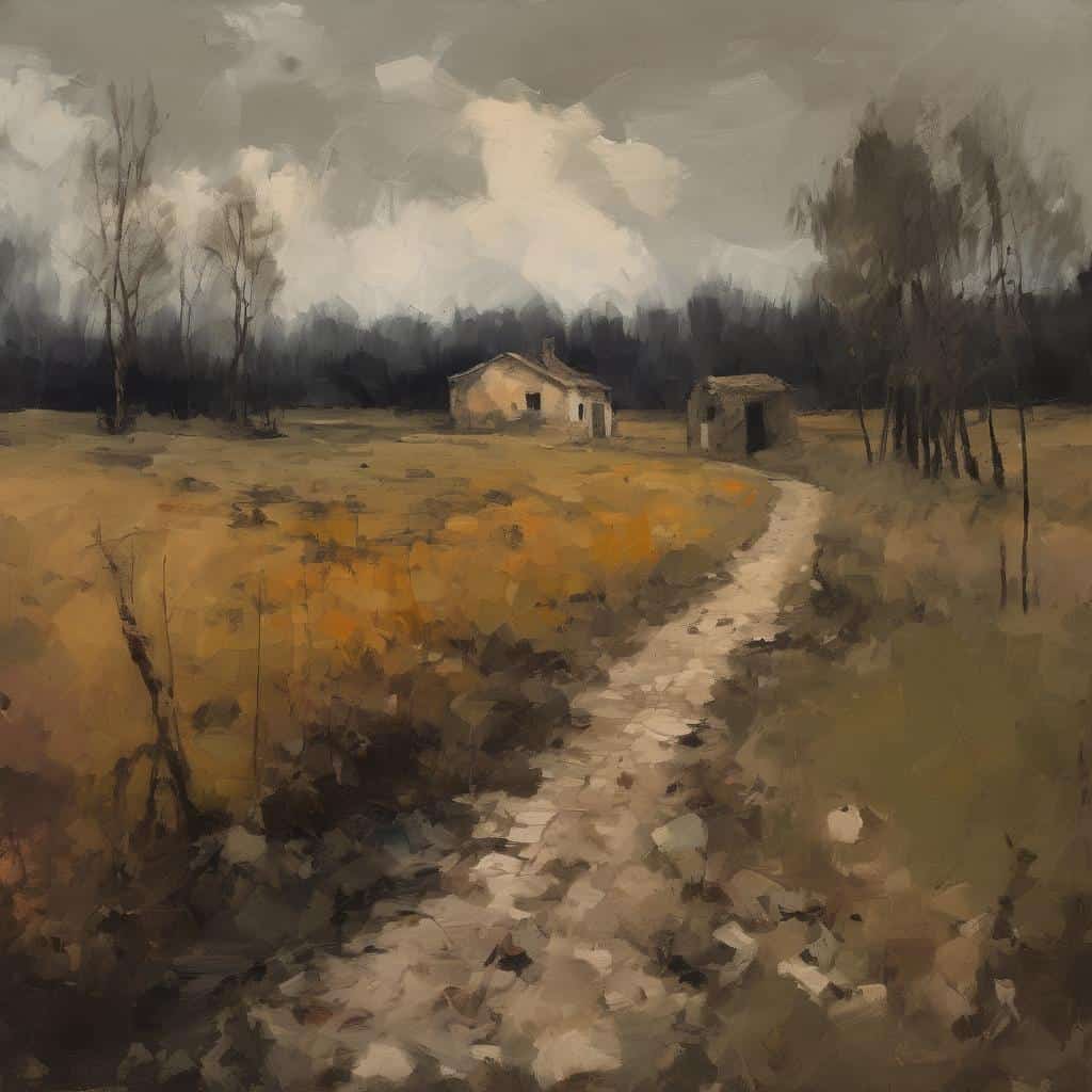 Μορφές που Ζωντανεύουν τον Χρόνο, ρομαντικός τοπίο σε παστέλ αποχρώσεις, εγκαταλελειμμένα σπίτια και δρόμοι μέσα στη φύση, τέχνη που ζωντανεύει το χρόνο, ζωγραφική.