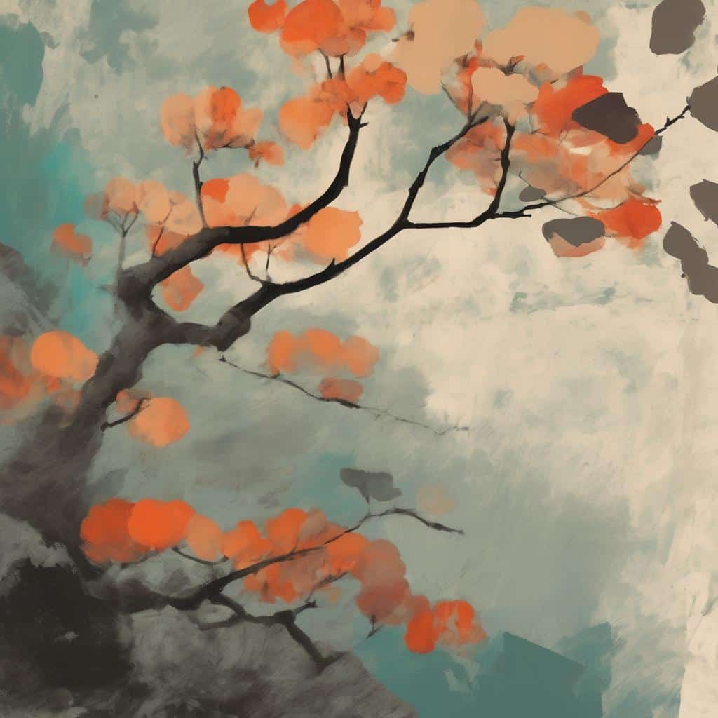 Ζωντανές μορφές που αποτυπώνουν τον χρόνο σε αφηρημένη τέχνη, με ανθισμένες κλαδιές σε καλλιτεχνικό ύφος.