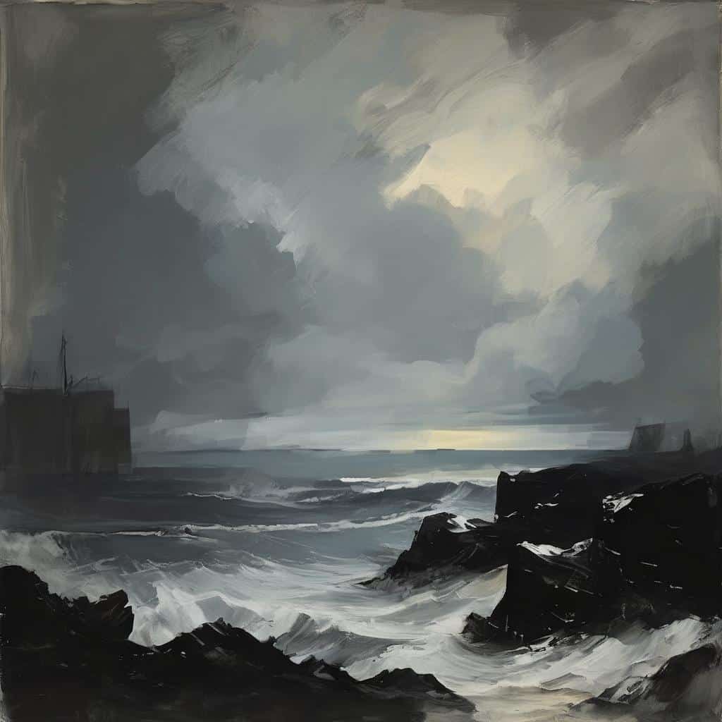 ρεαλιστικό έργο τέχνης με βενετσιάνικο τοπίο και θάλασσα, σκοτεινά σύννεφα και καταιγιστικός καιρός, "Μορφές που Ζωντανεύουν τον Χρόνο".